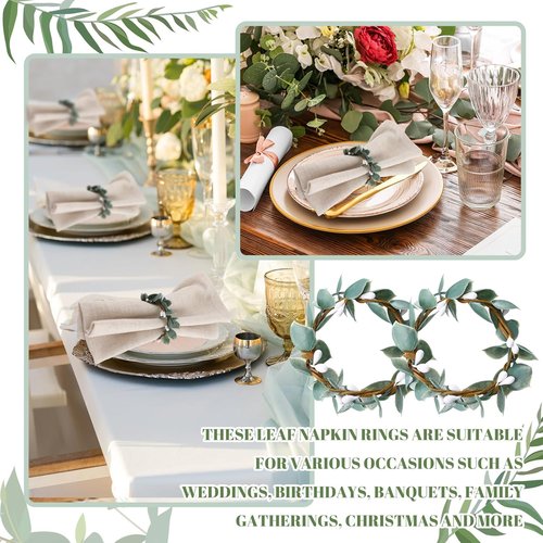 Domensi Eucalyptus Leaf Napkin Rings - Set of 6 Rustic Greenery Holders for Weddings & Dining (White Berries)