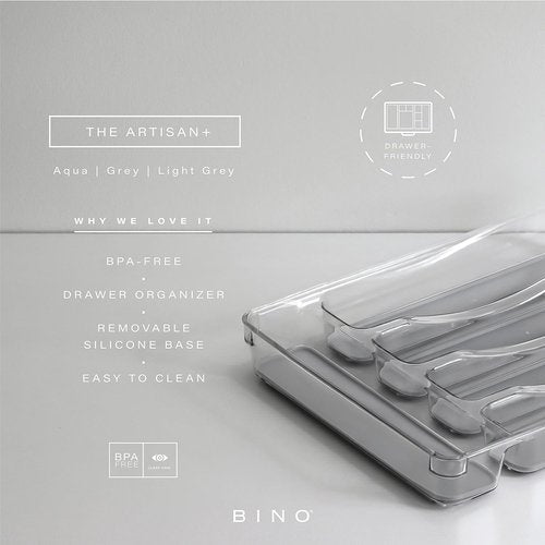 BINO 5-Slot Silverware Organizer - Plastic Utensil Tray with Grip Lining | Light Grey Kitchen Storage