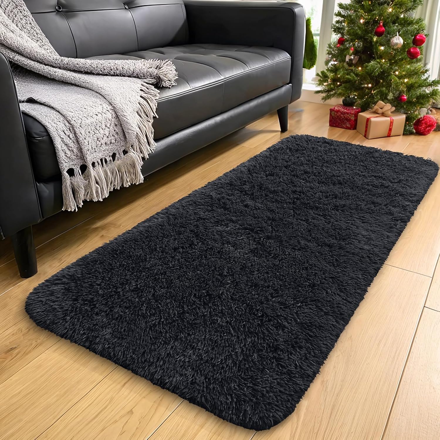 OLANLY Runner Rugs - 2x8 Machine Washable Soft Fluffy Shaggy Carpet for Bedroom & Hallway | Black
