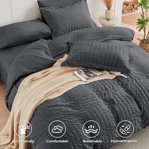 HYMOKEGE Full Size Comforter Set - Luxurious 7-Piece Seersucker Bedding in Dark Grey | All-Season Comfort