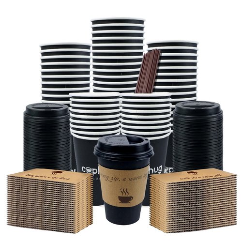 cuphug 100 Pack 12 oz Black Coffee Cups with Lids, To Go Paper Cups with Sleeves and Stirring Sticks, Insulated Disposable Coffee Cups for Hot/Cold Drinks and Daily Use