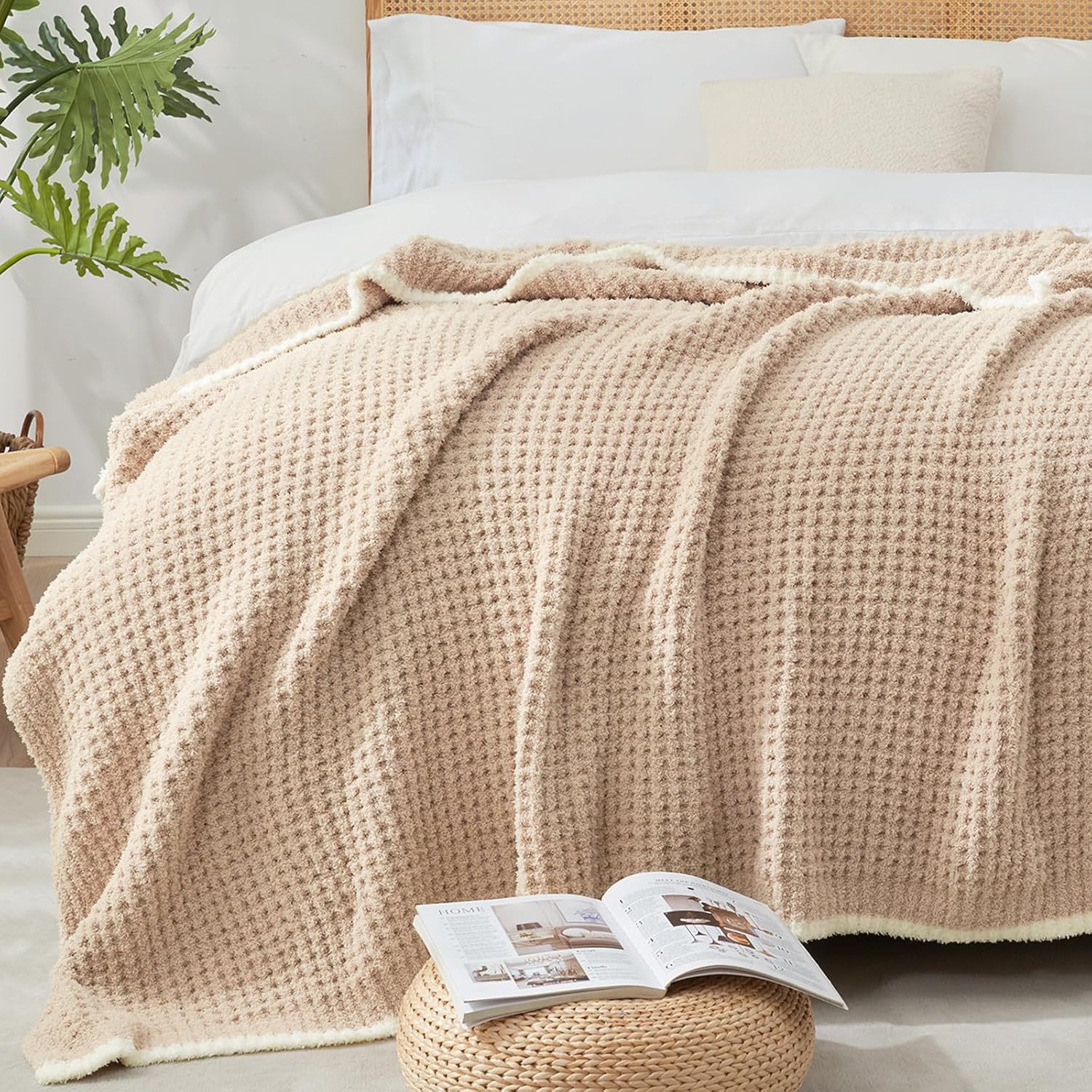 Snuggle Sac Waffle Throw Blanket - Reversible Cozy Microfiber Blanket 50x60 Inches in Beige | Perfect Gift for Women