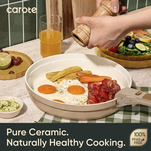 CAROTE 18-Piece Titanium Nonstick Ceramic Cookware Set - Detachable Handles, Non-Toxic, Induction Compatible, Dishwasher Safe