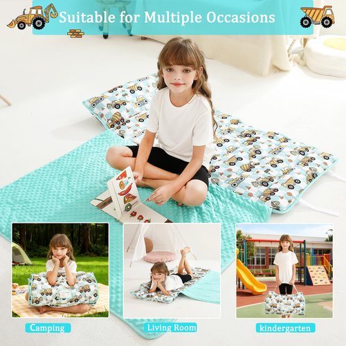 Toddler Nap Mat for Preschool 50''x30'' Sleeping Mat with Removable Pillow and Minky Blanket for Kids Ages 3-7 Roll Up Soft Sleeping Bag for Boys Girls Kindergarten Daycare Sleepover - Excavator