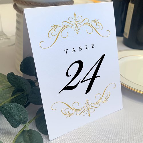 Classic Flourish Wedding Table Numbers, Gold, 1-50, Double Sided, Tent or Use in a Stand, Great for Parties & Restaurants - Made in the USA