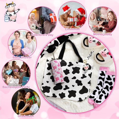 FillTouch 6 Pcs Cow Gifts Sets for Women Includes Tumbler Blanket Socks Slippers Tote Bag Keychain Pink Cow Print Stuff for Teachers Mother Nurses Day Birthday Farm Cowgirl Lovers Gifts