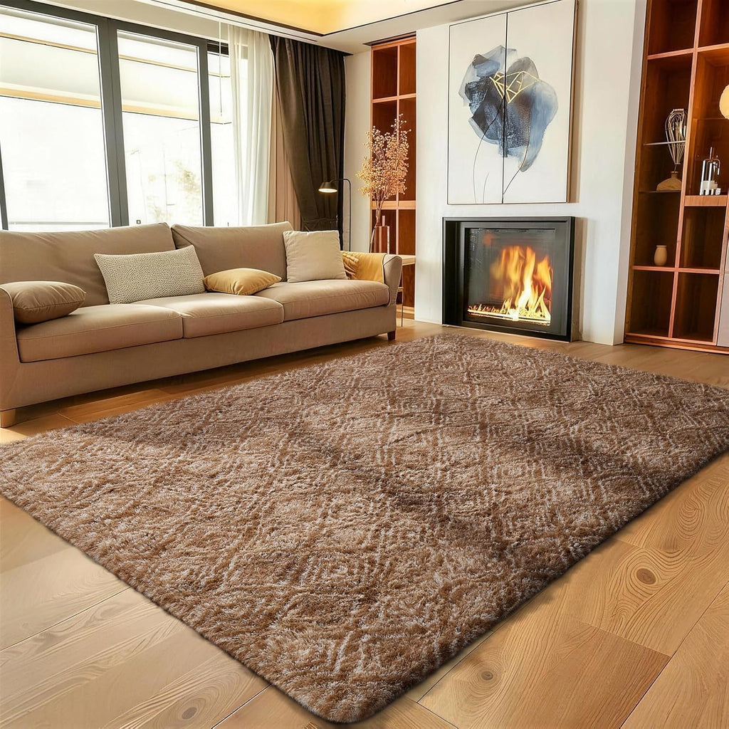 Ophanie Brown & White Diamond Striped Area Rug - Fluffy Shag Soft Carpet for Living Room 5x7
