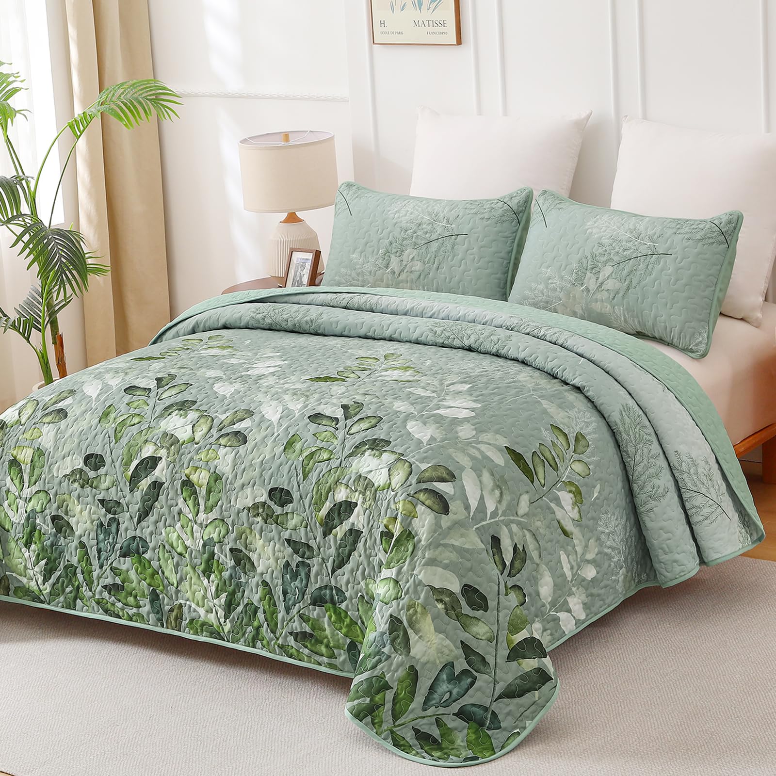WONGS BEDDING Green Quilt Set King Size,3 Pieces Green Floral Bedspread Coverlet Set, Soft Microfiber Lightweight Floral Bedding Set King 104"×90"