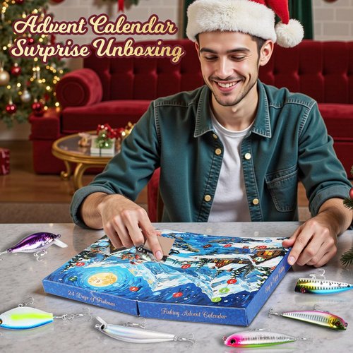 PLUSINNO Fishing Advent Calendar 2025 with Tackle Box and Premium Lures, 24 Days Christmas Countdown Advent Calendar Fishing Gifts for Men, Teens, Boys
