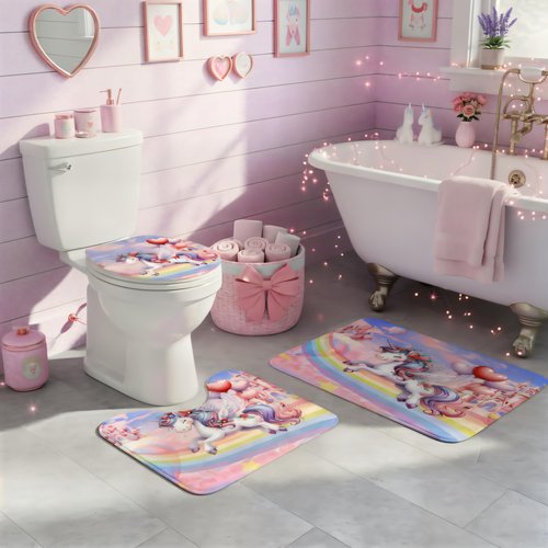 Glowevera Vivantia 4Pcs Unicorn Girls Shower Curtain with Memory Rugs, Kids Bathroom Sets with Cute Uicorn Shower Curtain, Non-Slip Rug,Toilet Lid Cover Bath Mat and 12 Hooks,Gift for BoyGirl Kids