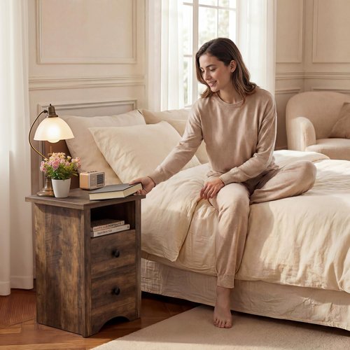 YESHOMY Nightstand Set of 2, Farmhouse Night Stand with 2 Storage Drawers and Open Shelf, Bedside Tables for Bedroom Small Space, Rustic Brown