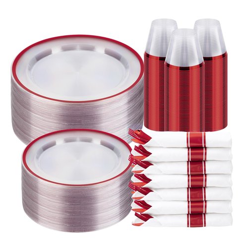 BESTSTAR 350PCS Clear and Red Disposable Plates Set for 50 Guests, 100 Plastic Plates, 50 Plastic Cups, 50 Pre-Rolled Napkins with Cutlery for Party, Christmas, Thanksgiving, Birthday, Halloween