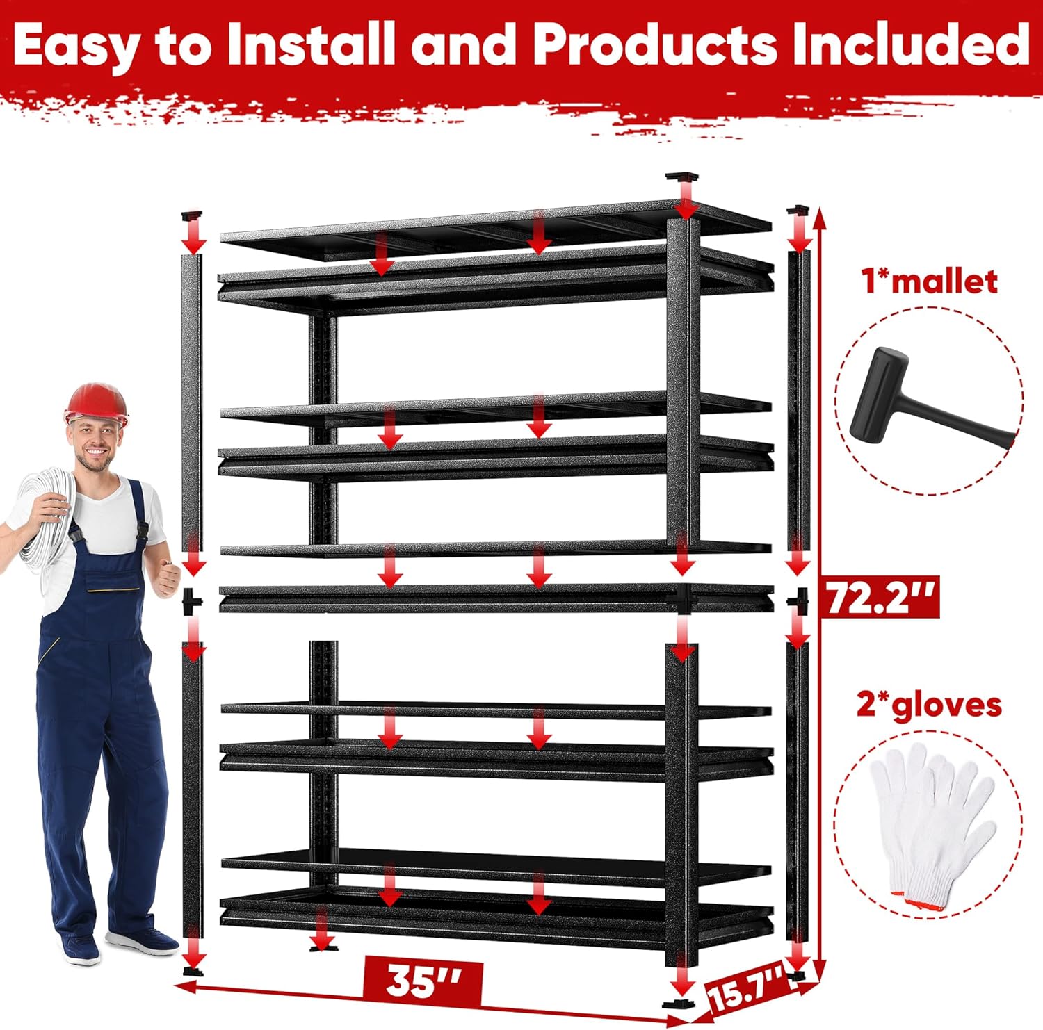 POKIPO Heavy-Duty Garage Shelving Unit - 5-Tier Adjustable Metal Rack | 72" H x 35" W x 15.7" D, 3000LBS Capacity