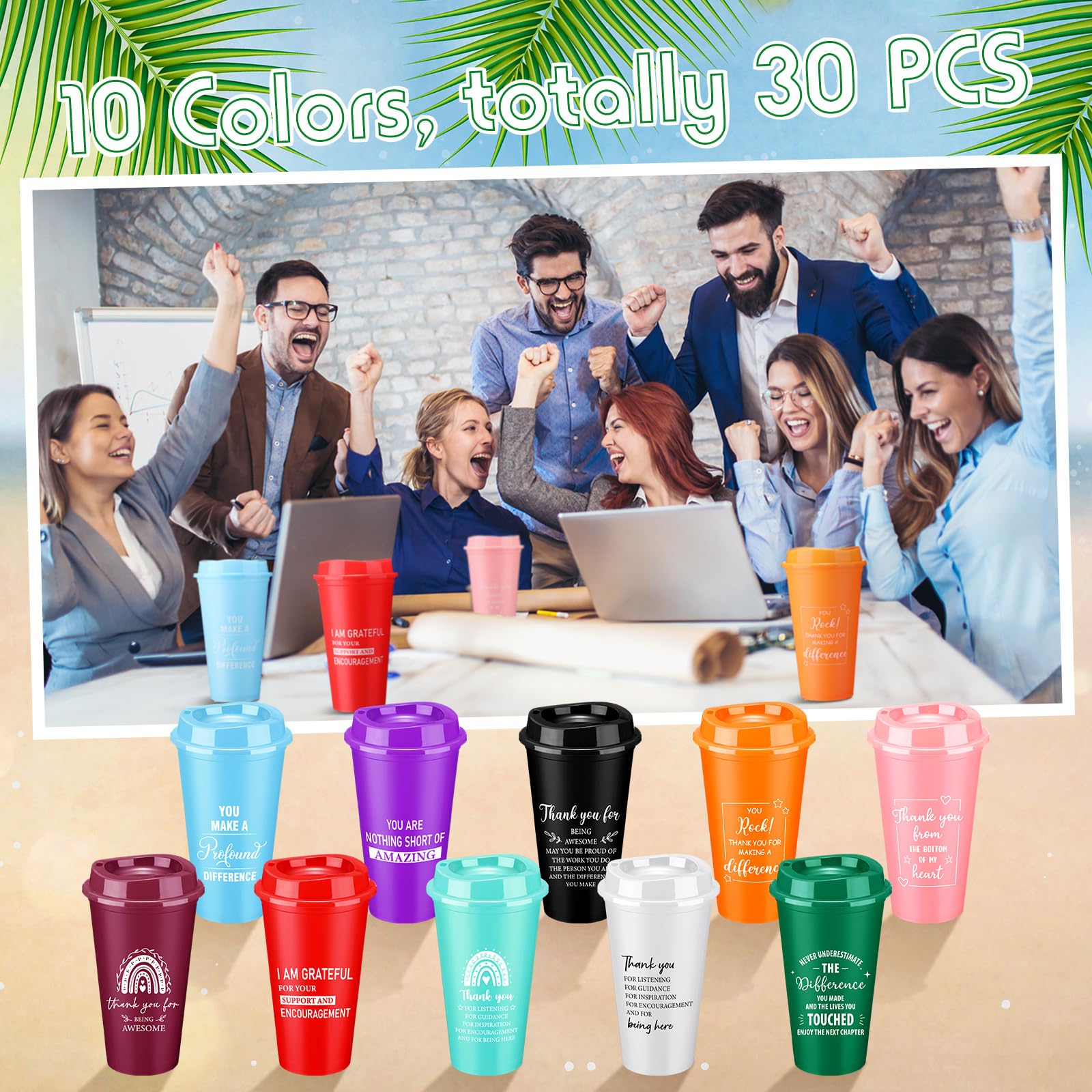 Skylety 30 Pcs Thank You Gifts 16 oz Coffee Cups Bulk Employee Appreciation CNA Week Gift Inspirational Tumbler with Lid Reusable Plastic Coffee Cup for Nurse Coworker Staff Women (Bright Colors)