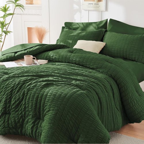 HYMOKEGE California King Comforter Set - Dark Green Seersucker 7-Piece Luxury Bedding Set