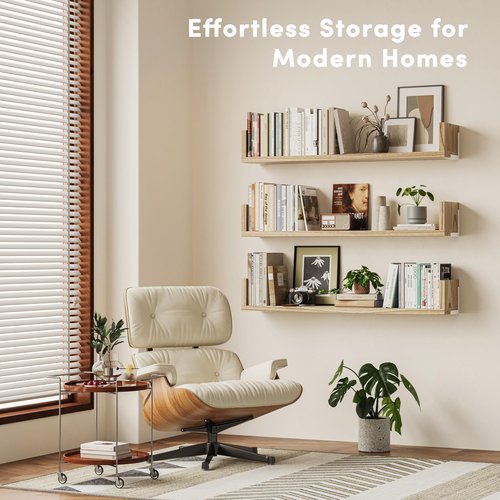 VMROF Wall Bookshelf, Set of 3, 36 Inches U Shaped Wall Shelves, Long Deep Floating Shelves, Large Floating Book Shelves - Wood Hanging Bookshelves for Kitchen, Bedroom (Light Brown, 35.4 Inches)