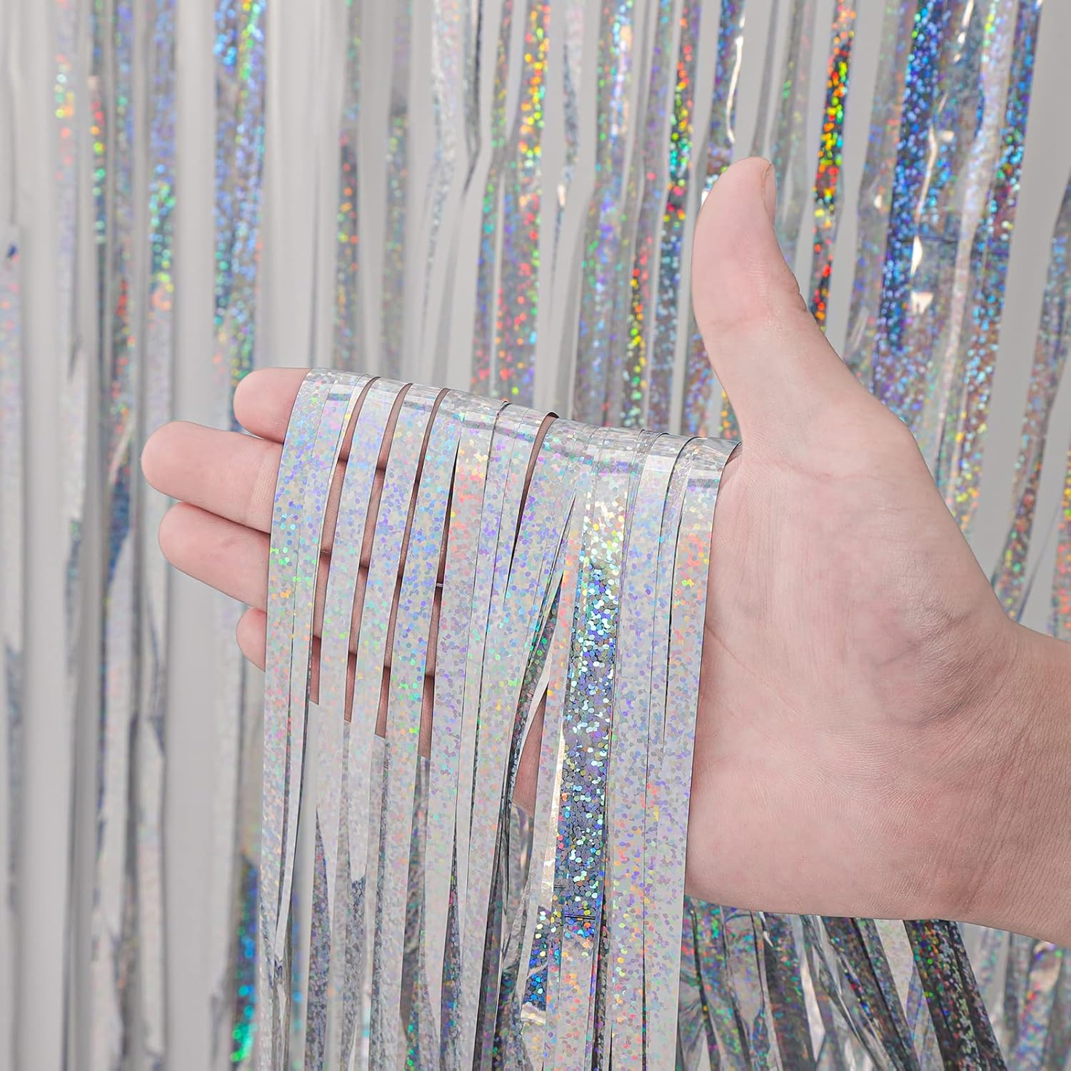 Voircoloria 3 Pack Laser Silver Foil Fringe Backdrop Curtains - 3.3x8.2 Feet for Parties & Events