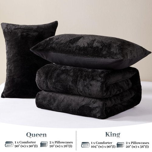 YIYEA Faux Fur Queen Size Comforter Set, Luxury Ultra Soft Fluffy Comforter, Plush Fuzzy Bedding Comforter Sets for Fall Winter, Cozy Warmth, No Shedding, 3PC, Queen, Black