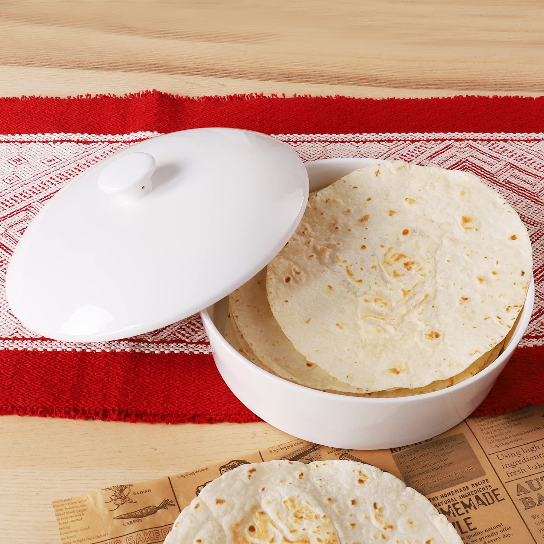 Sweese Ceramic Tortilla Warmer - Holds 12 Tortillas, Microwave & Oven Compatible, Elegant White Tortilla Holder with Lid for Taco Nights, Pancakes, Waffles - Durable & Easy to Clean