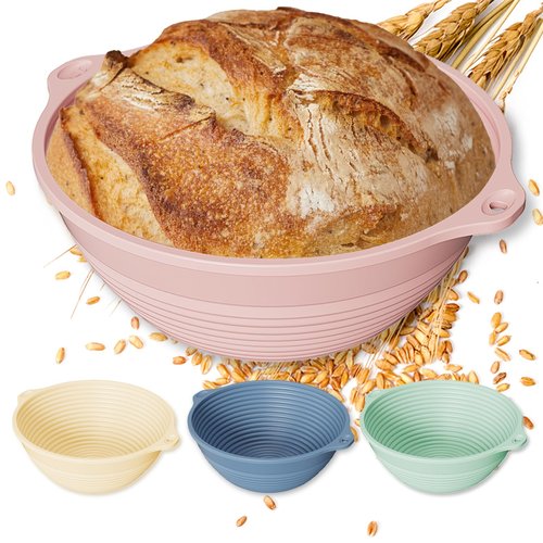 4-Pack Silicone Banneton Bread Proofing Baskets for Sourdough, 9 Inch Round Proofing Bowls with Handles, Built-In Reinforced Rim Support, Foldable, Oven & Dishwasher Safe, BPA Free