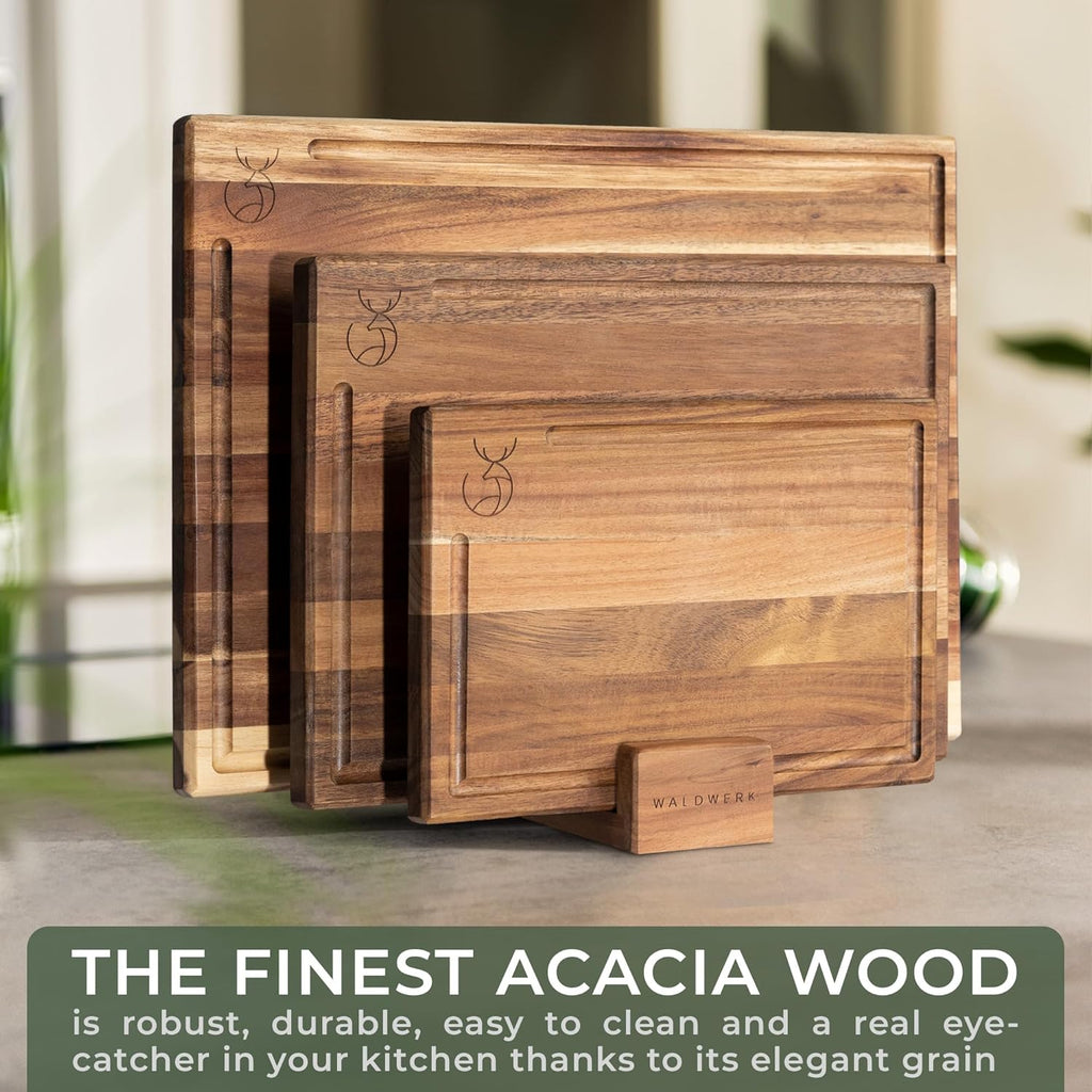 WALDWERK Acacia Wood Cutting Board Set - Durable 0.8" Thick Kitchen Boards | 15.75 x 12/13 x 9.5/10 x 7 in
