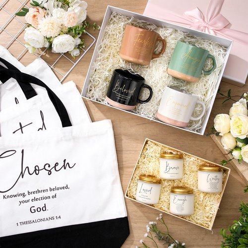 LemonRoad 12 Pcs Inspirational Christian Gift for Women Bulk Included 12oz Ceramics Bible Coffee Mug Large Tote Bag Religious Candle Easter Gift for Mom Godmother Wife Church Teacher Coworker