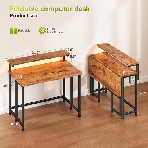 DurayLoly Folding Desk - Compact 31.5 Inch Computer Desk with Monitor Stand & LED Lights | Rustic Brown