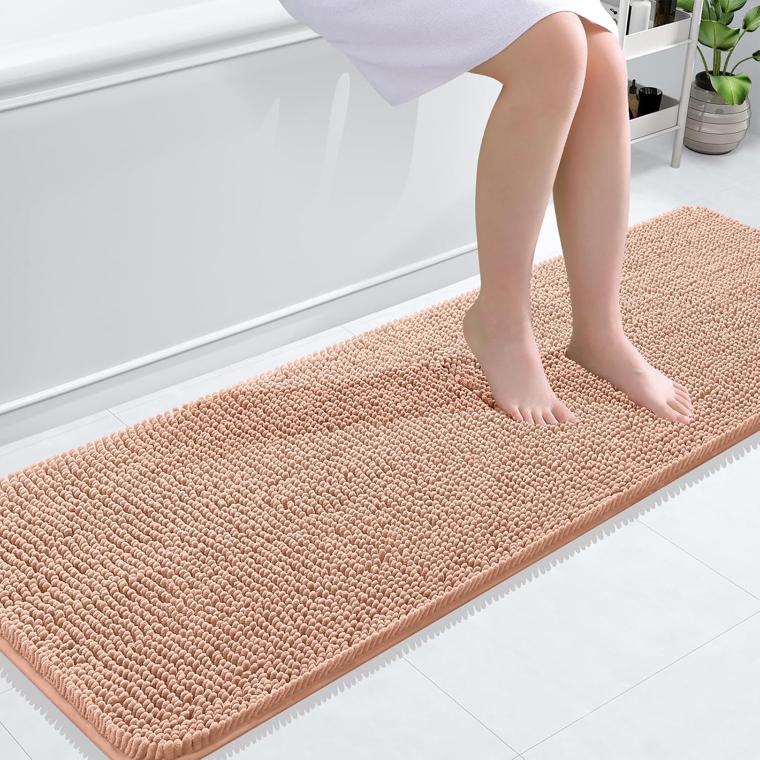 OLANLY Bathroom Runner Rugs - Extra Soft Chenille Bath Mat | Quick-Dry, Machine Washable, 59x20, Peach