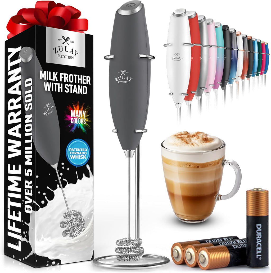 Zulay Kitchen Tornado Triple Whisk Milk Frother - Handheld Foam Maker for Coffee, Lattes & Matcha - Onyx Gray