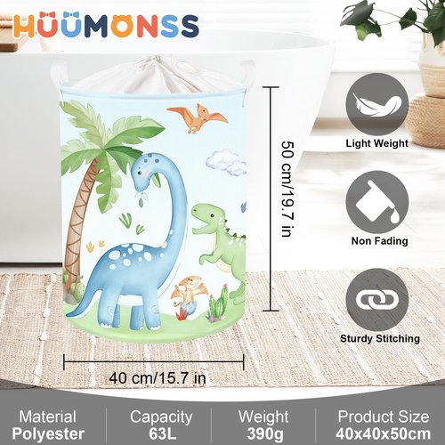 HUUMONSS Dinosaurs Baby Laundry Hamper Collapsible Clothes Kids Storage Basket Palm Tree Large Boys Girls Gift Toy Box Bin for Nursery Room, Blue, 63L