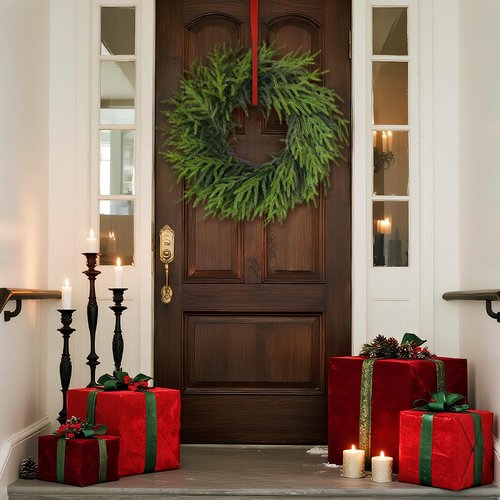24" Real Touch Norfolk Pine Wreath for Front Door, Artificial Christmas Wreaths Faux Pine Needles Green Fake Wreath for Walls Windows Porches Farmhouse Indoor Outdoor Home Decor