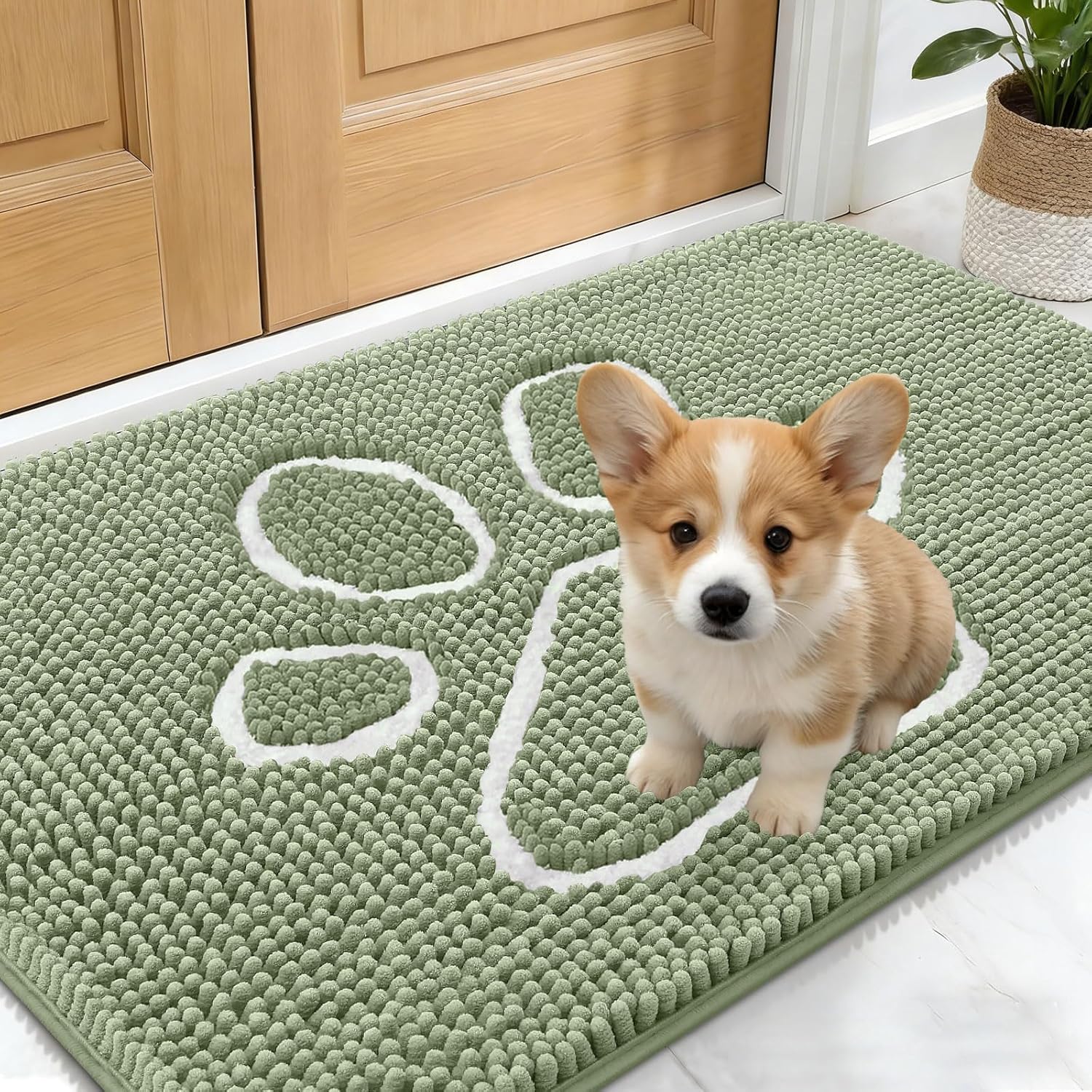 OLANLY Dog Door Mat - Absorbent Muddy Paws Doormat | Non-Slip Chenille, 24x16, Sage Green