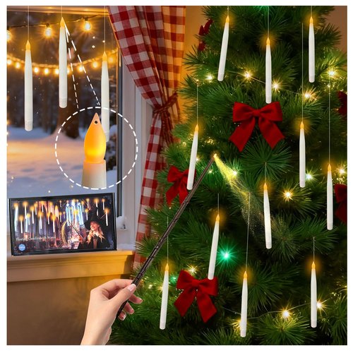 QVAIVE 18Pcs Floating Candles with Magic Wand Remote, Battery Operated Flameless Taper Candles, Flickering Warm LED Light Window Candle for Halloween Decorations Christmas Wedding Party Decor