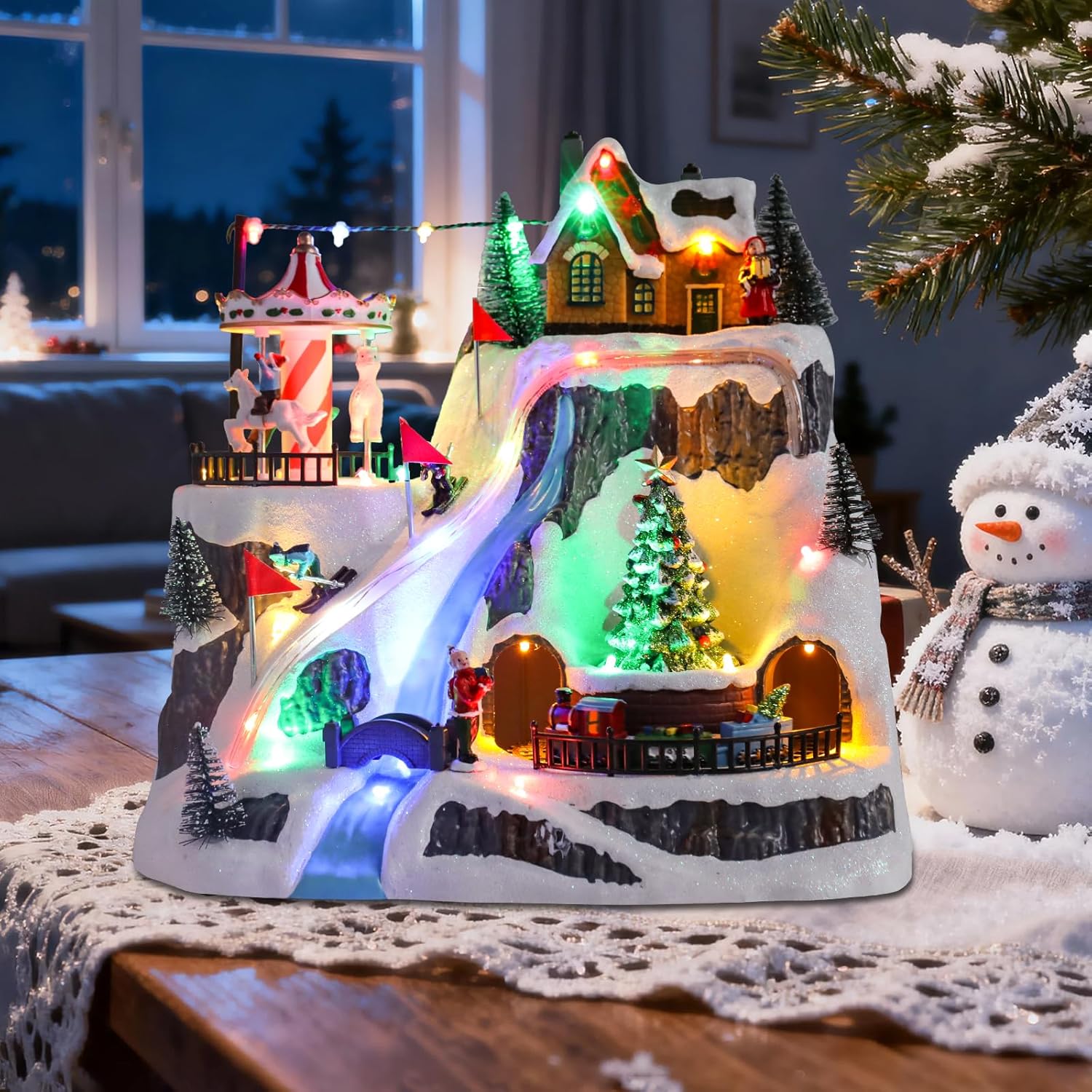 Wonder Garden Christmas Village Houses - Lighted Musical Ski Resort with Moving Train & Carousel | Holiday Decor