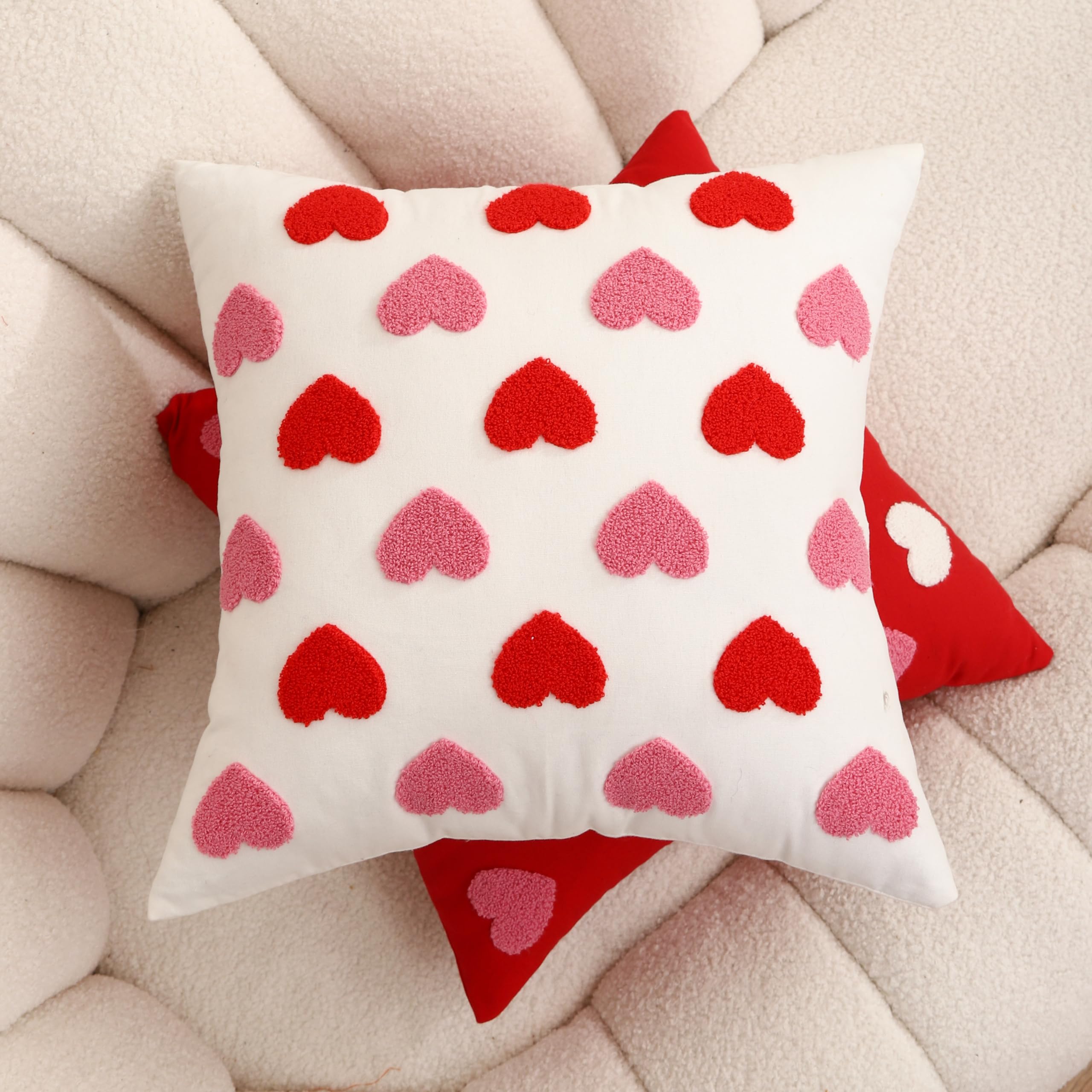 WOKANI Valentines Day Throw Pillow Covers 18x18 Set of 2 Heart Love Couples Decorations Embroidery Cushion Covers Home Decor for Couch Lover Girlfriend Sofa Bedroom, White Red Pink