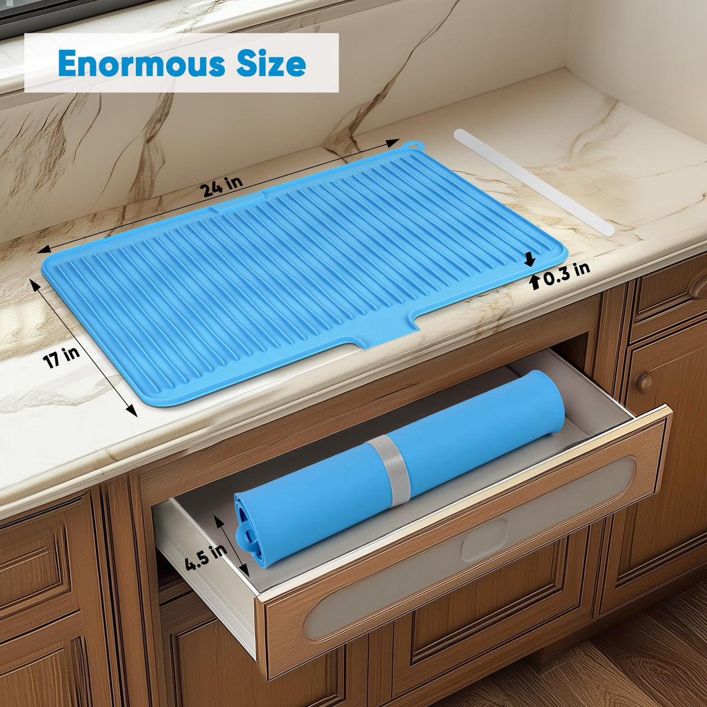 Silicone Dish Drying Mat for Kitchen Counter, Non-slip Surface and Heat-resistant Food Grade Kitchen Counter Protector with Drain Lip, Easy Clean and Storage for Multiple Usage, 23*17 inch Large Size