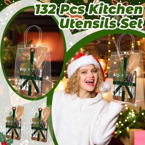 12 Set Christmas Gift Kitchen Utensils Set Acacia Spatula Mini Cheese Board Pine Cones for Christmas Kitchen Holiday Gift Party Decor Neighbor Employee Baking Gift Xmas Cooking Supplies