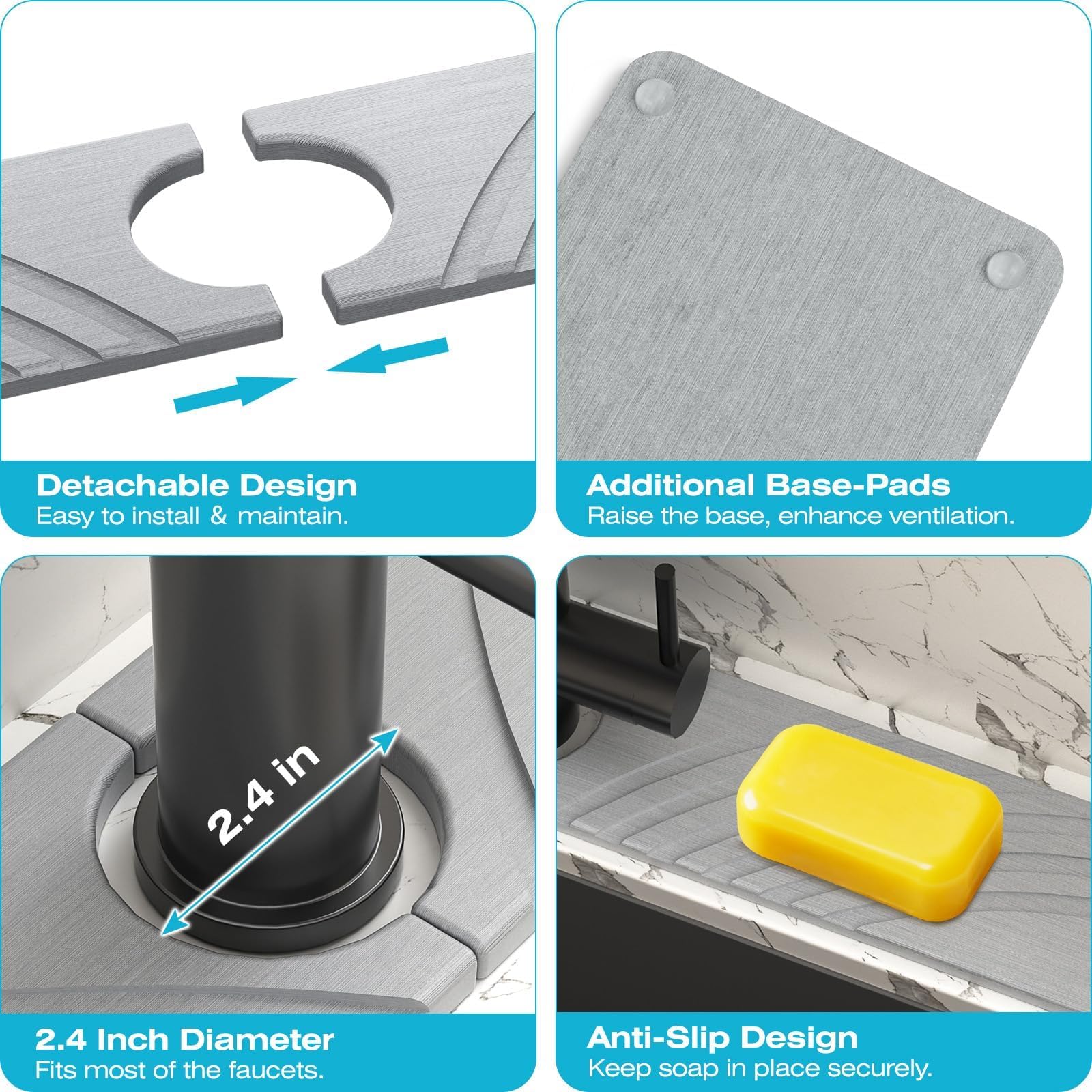 SpaceHacks Stone Faucet Mat for Kitchen Sink - Fast Drying Diatomite Stone Drying Mat, Textured Drainage Sink Protector, Water Splash Guard with Base Pads for Bathroom Counter (23.7x4 in, Light Gray)