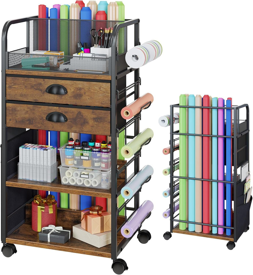 Wrapping Paper Storage Cart - Rolling Organizer with 2 Fabric Drawers & Side Pockets | Lockable Wheels for Gift Bags & Ribbons