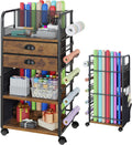 Wrapping Paper Storage Cart - Rolling Organizer with 2 Fabric Drawers & Side Pockets | Lockable Wheels for Gift Bags & Ribbons