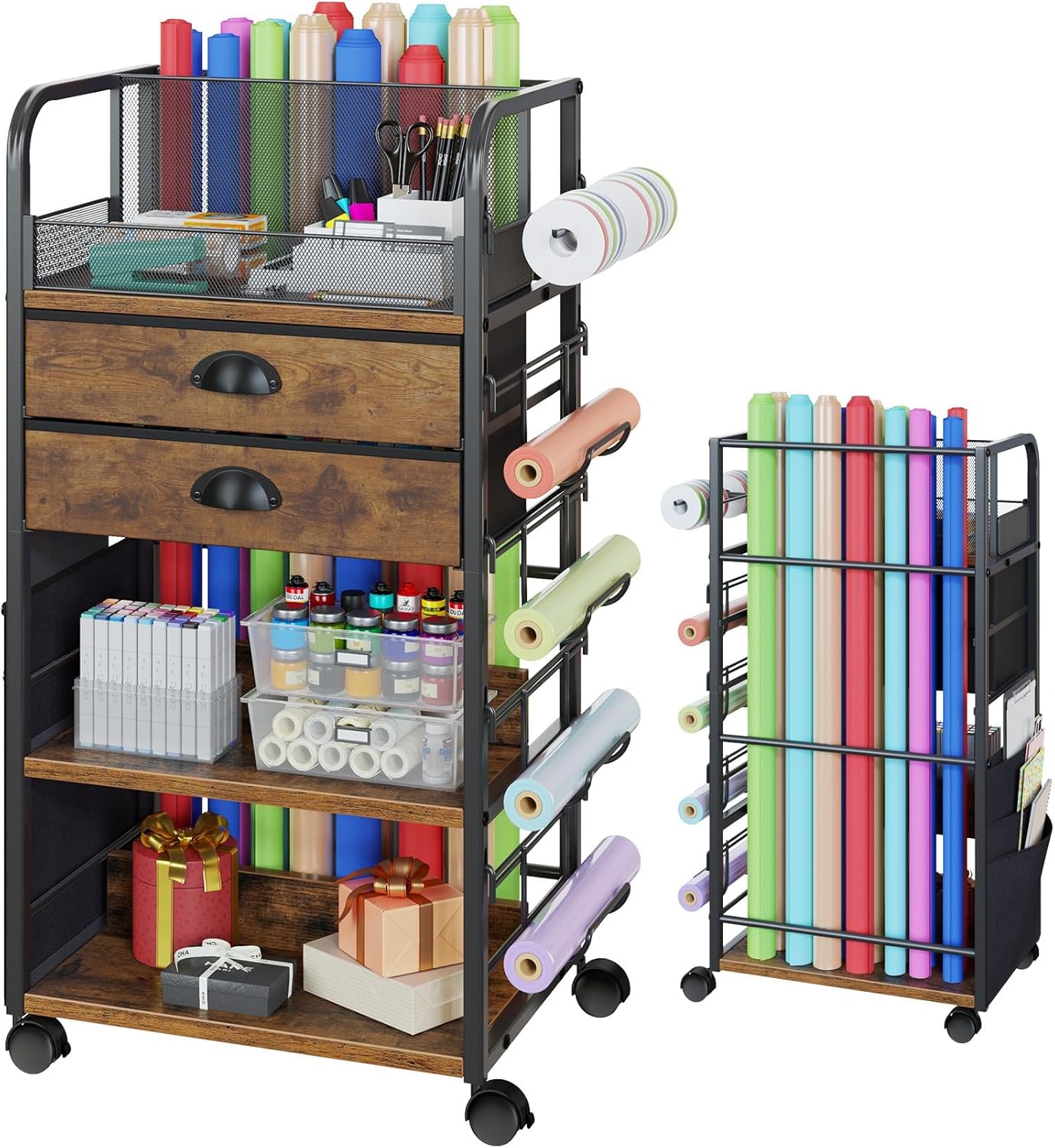 Wrapping Paper Storage Cart - Rolling Organizer with 2 Fabric Drawers & Side Pockets | Lockable Wheels for Gift Bags & Ribbons
