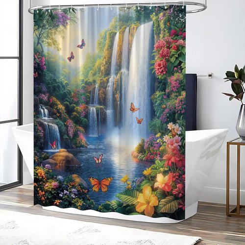 ZQANZQ Waterfall Shower Curtain Rustic Floral Butterfly Fantasy Forest Tropical Green Plant Lake Fairytale Spring Garden Nature Landscape Bathroom Decor Set with Hooks