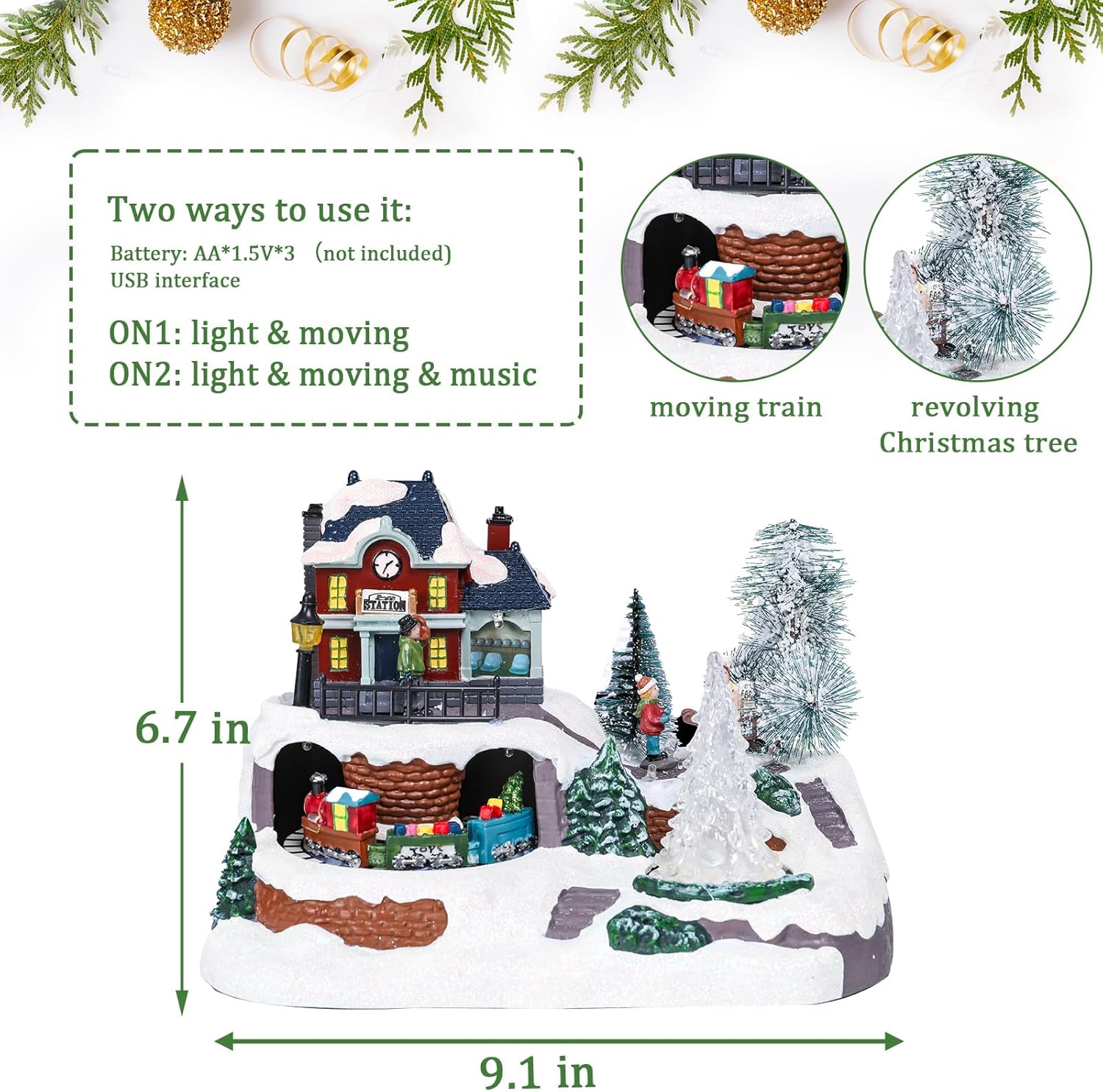 Wonder Garden Christmas Village Houses - Lighted Musical Railway Station with Moving Train & Animated Figurines for Indoor Decor
