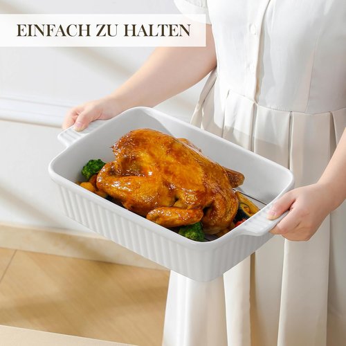 MALACASA 4.4 QT Baking Dish - Durable Ceramic Casserole Pan with Rack | 9x13 Rectangular Lasagna Dish, White