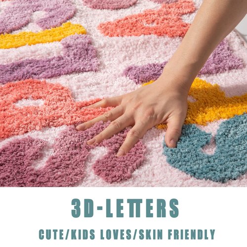 DBJOY Kids Bath Rugs Microfiber Bathroom Non-Slip Mat Washable Cute Bath Mat for Kids Modern Absorbent Funny Letters (Splish-Pink, 20"x32")