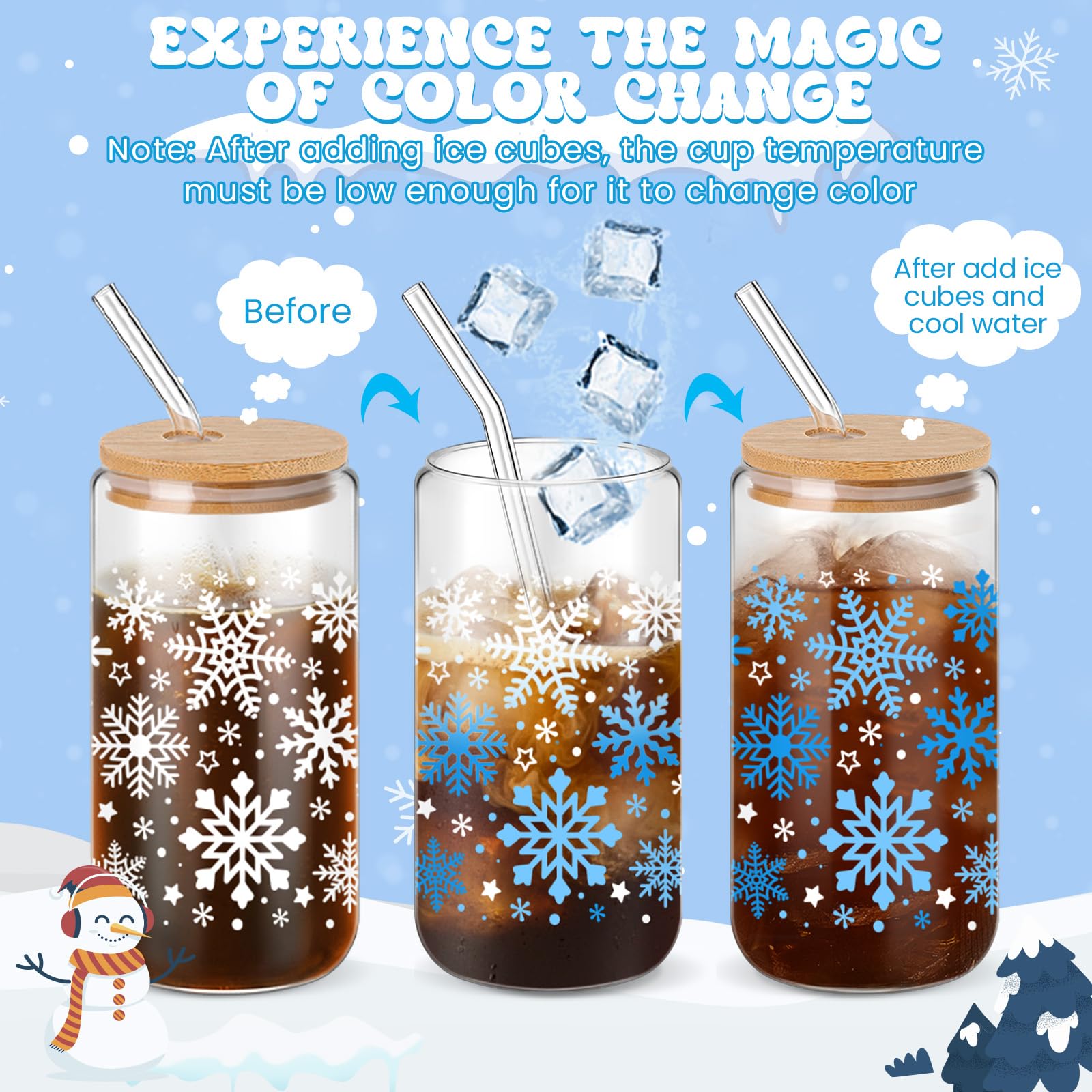 Yetene 24 Pack Snowflake Glass Cups Gifts 16 oz Color Changing Winter Glass Tumblers with Lids Straws Brushes Snowflake Lights Iced Coffee Cups for Women Men Employee Coworkers Holiday Party Favors