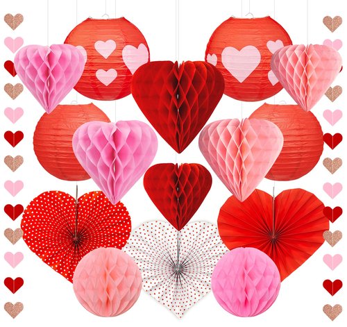 Hanging Valentines Decorations for Ceiling - 17 Pcs Valentines Day Hanging Decor with Honeycomb Hearts, Paper Fans & Lanterns - Vibrant Valentine Day Decorations for Office , Home & Classroom