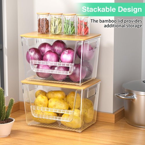 Wrrlors 2 Set Pantry Organizers,Stackable Potato and Onion Storage Bins with Bamboo Lids,Trash Bag Dispenser for 4-13 Gal Bags,kitchen Countertop Organizer for Produce or Snacks