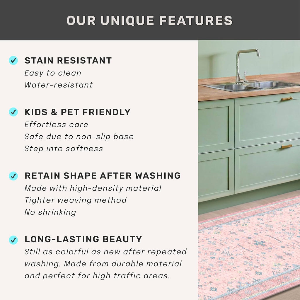 Oushak Rugs | Washable Pink & Blue 7x10 Area Rug - Modern Floral Design, Soft Non-Slip Carpet