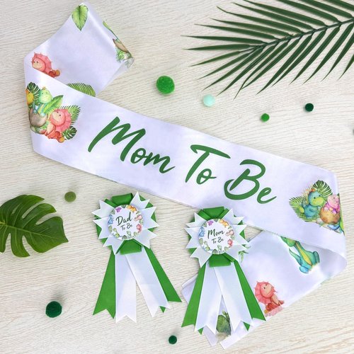 OWWOPATS Dinosaur Mom to Be Sash Baby Shower Decorations, Hatching Soon Mommy to Be Sash Dad to Be Corsage Set, Dino Baby Shower Decorations Gift for Pregnant Mommy